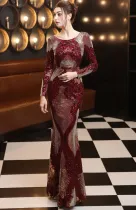 Autumn Formal Sequin Red O-Neck Long Sleeve Mermaid Evening Dress