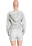 Autumn Grey Long Sleeves Hoody Top and Shorts Tracksuit