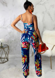 Summer Print Blue Cut Out Sexy Strap Jumpsuit