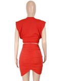 Conjunto de minifalda y top corto anudado rojo sexy de verano