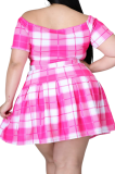 Summer Plus Size Plaid Off Shoulder Crop Top and Pleated Skirt Set