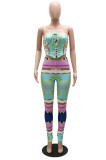Summer Print Retro Sexy Lace-Up Strapless Top and Pants Set
