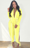Autumn Sexy Deep-V Yellow Long Sleeve Jumpsuit with Belt