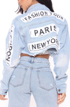Autumn Blue Patch Letter Short Denim Jacket with Full Sleeves