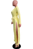 Autumn Sexy Deep-V Yellow Long Sleeve Jumpsuit with Belt