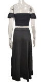 Summer Black Ruched Crop Top and Slit Long Skirt 2PC Matching Sundress Set