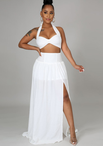 Summer White Halter Crop Top and High Waist Slit Long Skirt Set