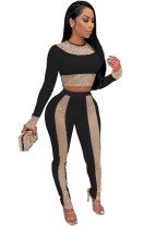 Autumn Black Party Sexy Beaded Crop Top and Pants 2PC Set