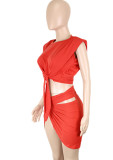 Conjunto de minifalda y top corto anudado rojo sexy de verano