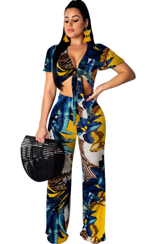 Summer Print Knotted Crop Top and Pants Holiday 2PC Set