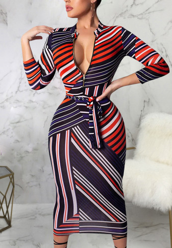 Autumn Elegant Stripes Bodycon Midi Dress