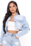 Autumn Blue Patch Letter Short Denim Jacket with Full Sleeves
