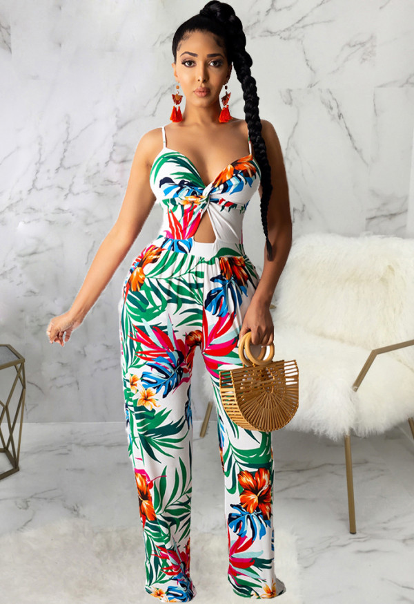 Summer Print White Cut Out Sexy Strap Jumpsuit