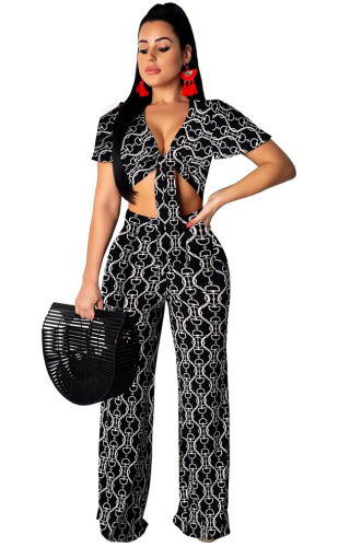 Summer Print Knotted Crop Top and Pants Holiday 2PC Set