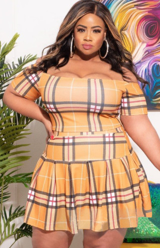 Summer Plus Size Plaid Off Shoulder Crop Top and Pleated Skirt Set