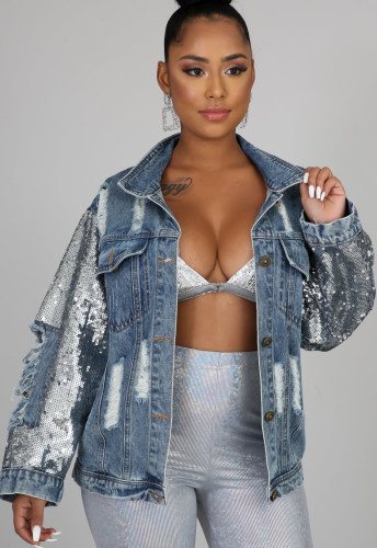 Autumn Blue Sequin Patch Long Sleeve Ripped Denim Jacket