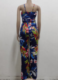 Summer Print Blue Cut Out Sexy Strap Jumpsuit