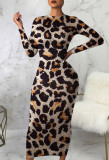 Vestido midi ajustado de leopardo elegante de otoño