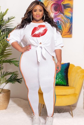 Autumn Plus Size Print White Knotted Shirt and Pants Set