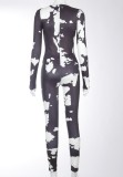 Autumn White and Black Print Long Sleeves Bodycon Ribbed Jumpsuit