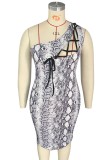 Summer Plus Size Sexy Lace-Up One Shoulder Snake Skin Bodycon Dress