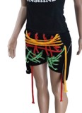 Summer Colorful Strings Black Drawstring Irregular Shorts