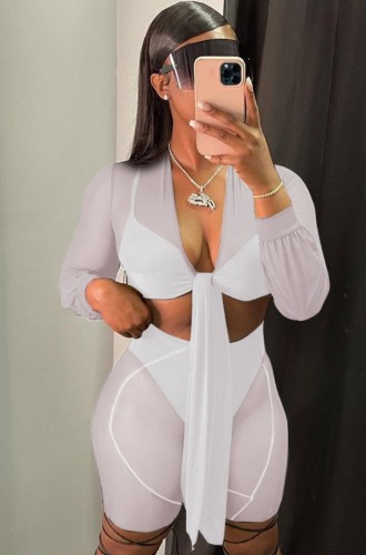 Autumn Sexy White See Through Knotted Crop Top and Shorts Set