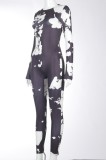 Autumn White and Black Print Long Sleeves Bodycon Ribbed Jumpsuit