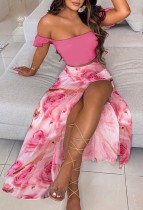 Summer Floral Pink Ruched Crop Top and Slit Long Skirt 2PC Matching Sundress Set