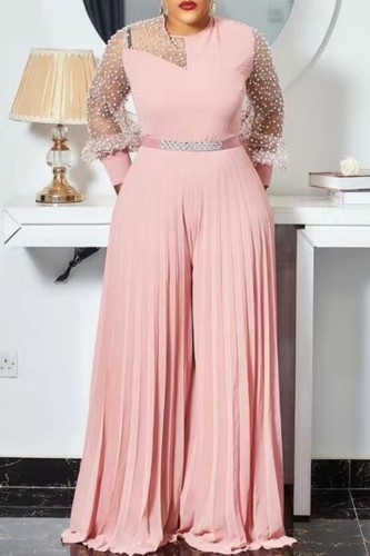 Autumn Formal Pink Patch Beaded Pleated Jumpsuit