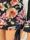 Conjunto de minifalda y top corto transparente de manga larga floral sexy de otoño