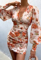 Autumn Classic Puff Sleeve V-Neck Floral Ruched Mini Dress