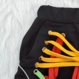 Summer Colorful Strings Black Drawstring Irregular Shorts