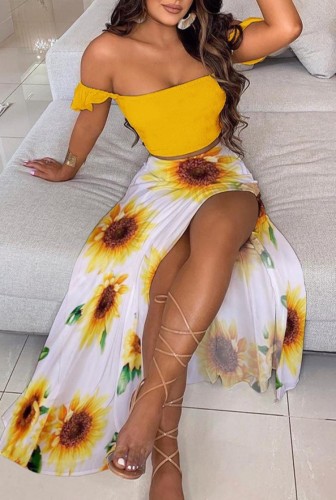 Top corto con pliegues amarillos florales de verano y falda larga con abertura Conjunto de vestido veraniego a juego de 2 piezas