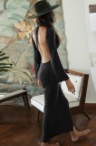 Autumn Open Back Elegant Black Long Dress with Full Sleeves