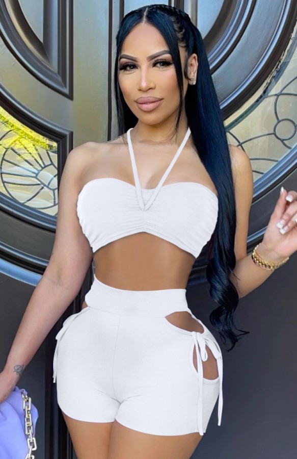 Summer White Sexy Halter Crop Top and Cut Out Shorts Set