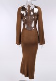 Autumn Open Back Elegant Brown Long Dress with Full Sleeves