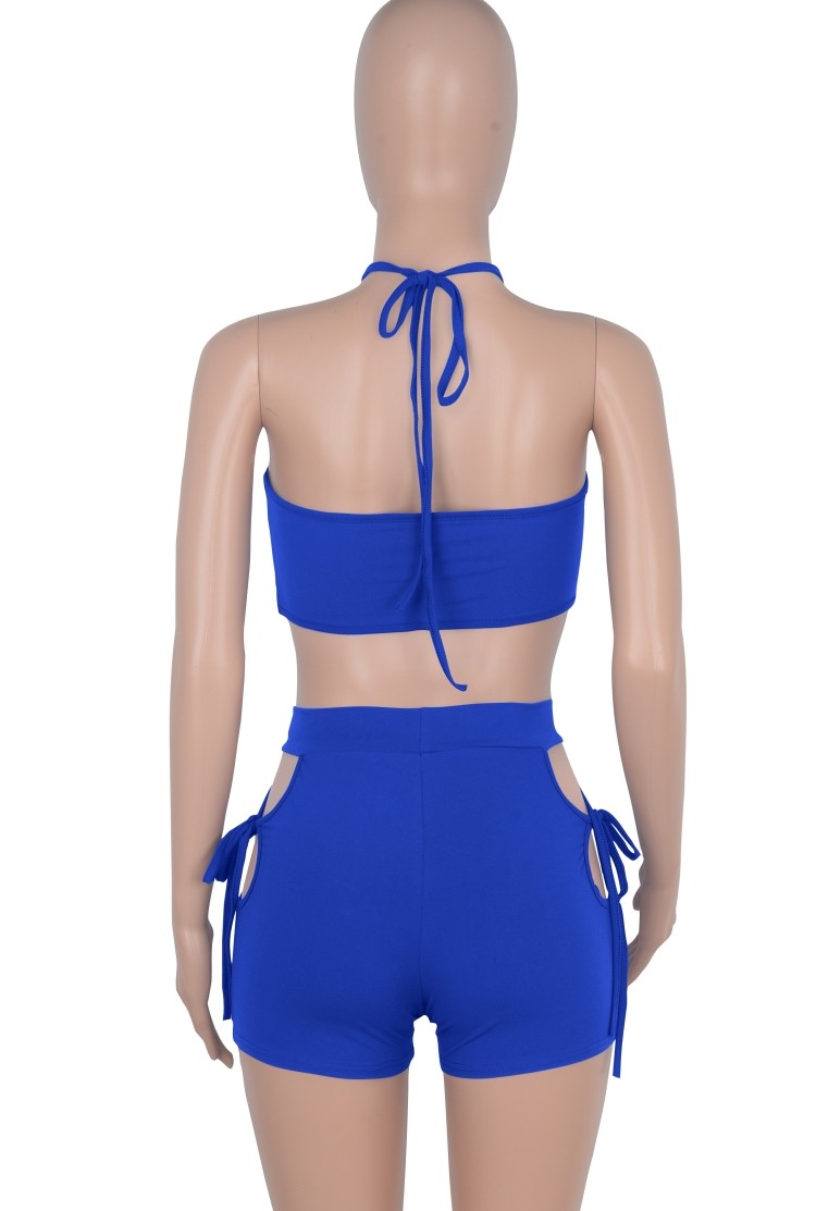 Wholesale Summer Blue Sexy Halter Crop Top and Cut Out Shorts Set