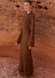 Autumn Open Back Elegant Brown Long Dress with Full Sleeves