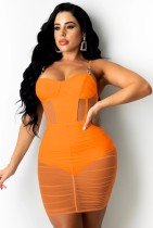 Summer Orange Sexy See Through Strap Bodycon Dress