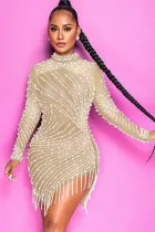 Autumn Party Beige Beaded Sexy Fringe Mini Dress