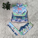 Conjunto de 2 piezas de blusa y pantalones elegantes retro con estampado de verano