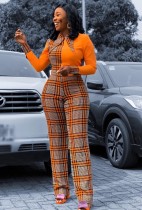 Herfst professionele oranje geruite print formele jumpsuit