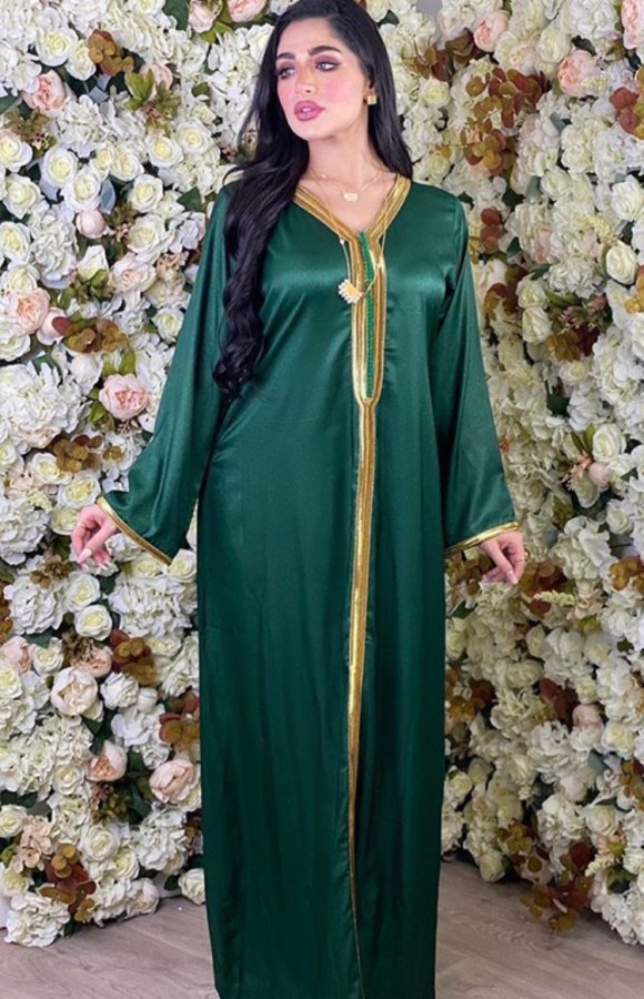 Árabe Dubai Árabe Oriente Medio Turquía Marruecos Ropa islámica Floral Kaftan Abaya Vestido musulmán bordado Verde