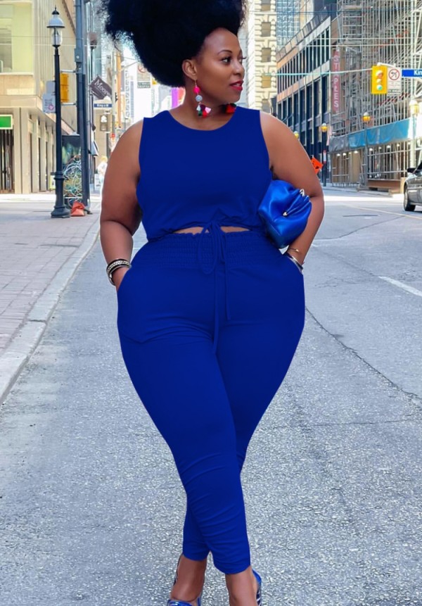Summer Plus Size Casual Blue Sleeveless Crop Top and Pants Set