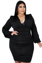 Autumn Plus Size Formal Black Long Sleeve Ruched Bodycon Dress