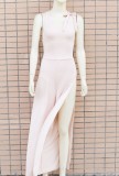 Summer Formal Beige Sexy Side Slit Sleeveless Party Jumpsuit