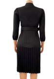 Autumn Professional Black Pleated Office Dress with Belt