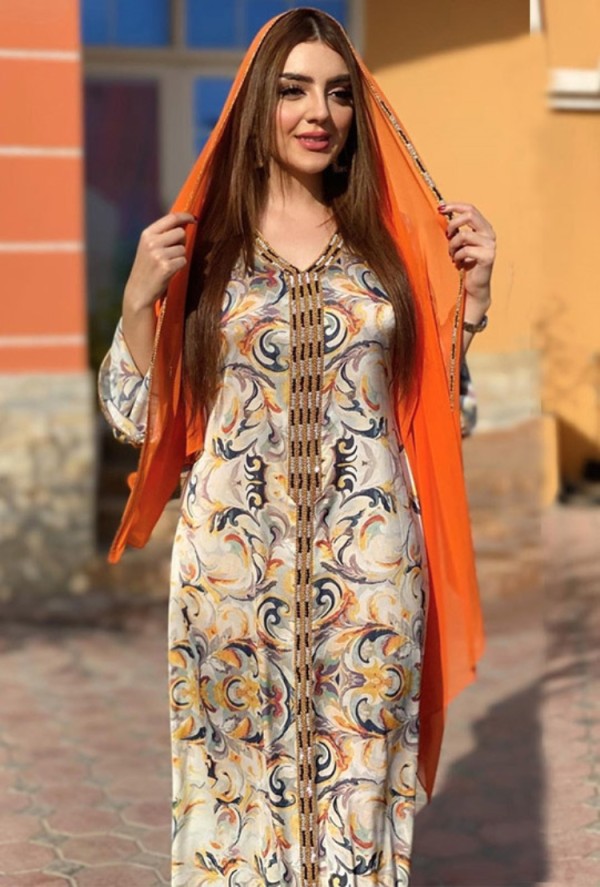 Arab Dubai Arab Middle East Turkey Morocco Islamic Clothing Print Kaftan Abaya Embroided Muslim Dress with Hijab