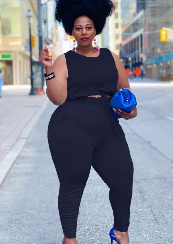 Summer Plus Size Casual Black Sleeveless Crop Top and Pants Set